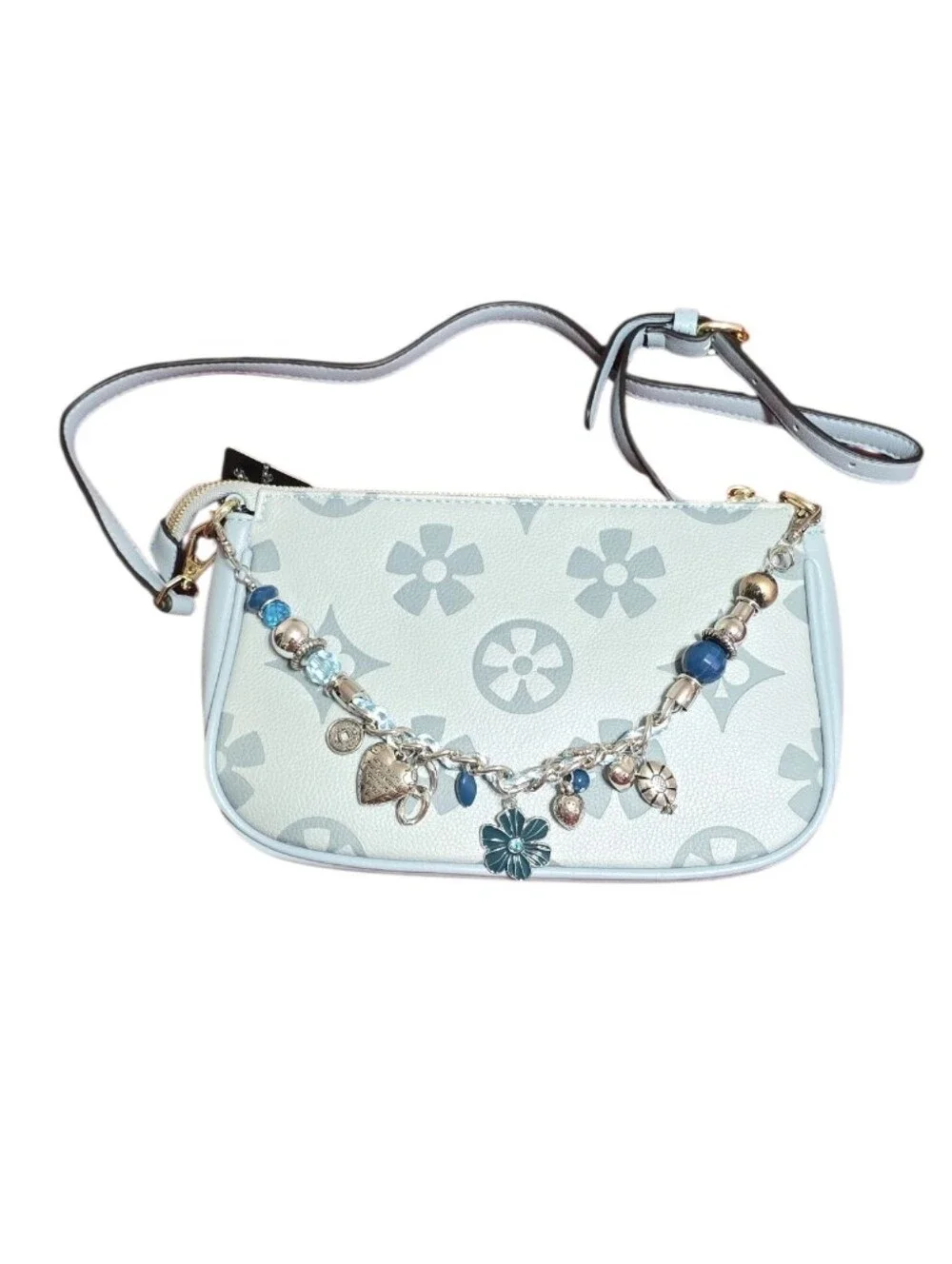 Light Blue Floral Charm Crossbody Bag .
